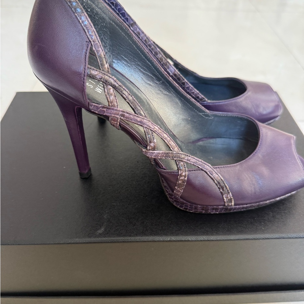 Stuart Weitzman Dark Purple Peep-Toe Heels - Picture 5 of 16